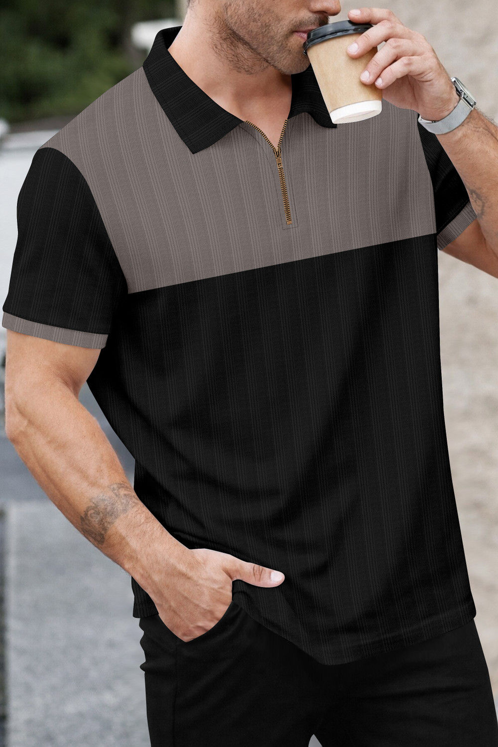 Image of KAJARU Colorblock, Solid Men Polo Neck Grey, Black T-Shirt