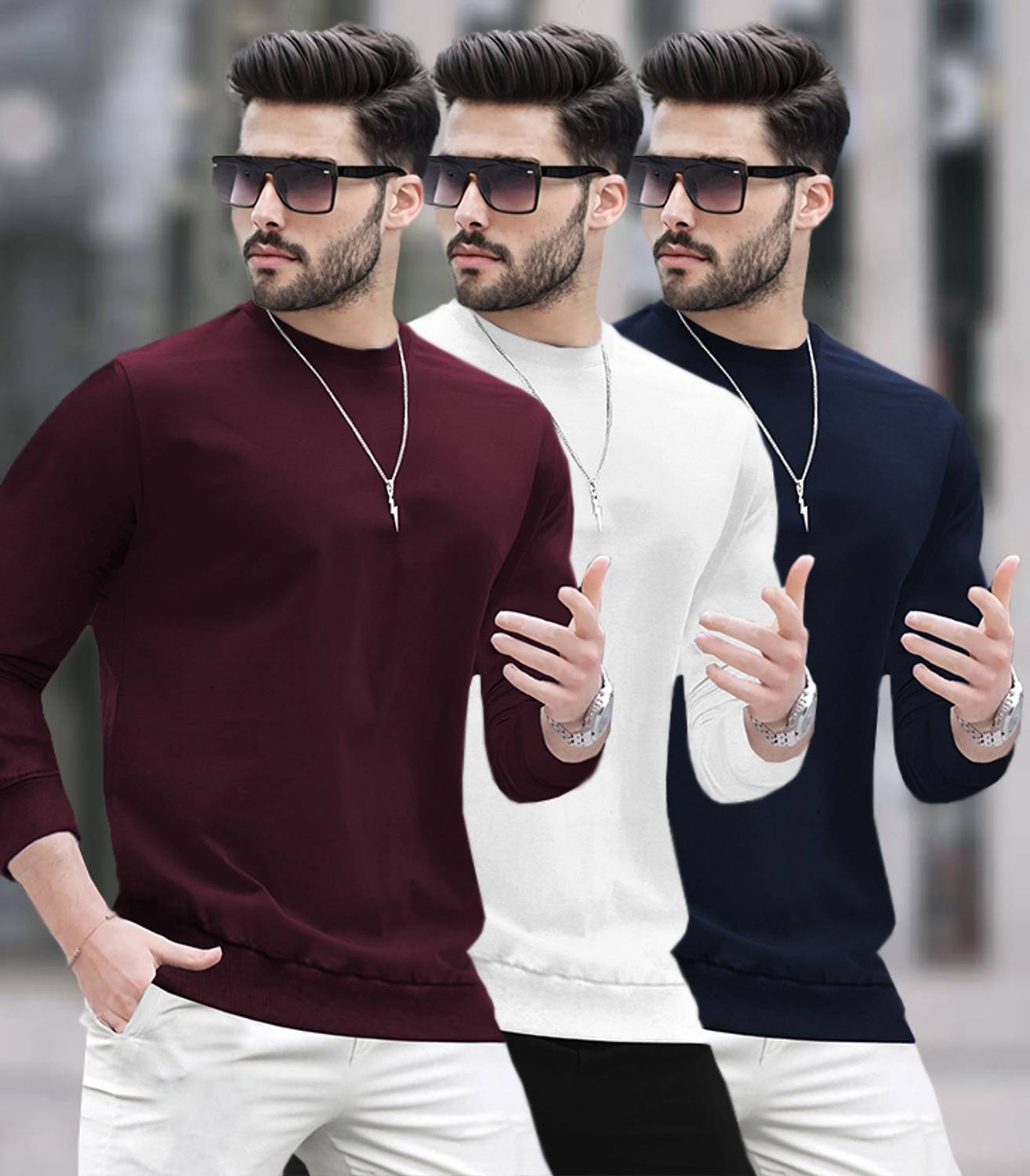 BLIVE Pack of 3 Men Solid Round Neck Cotton Blend Multicolor T-Sh