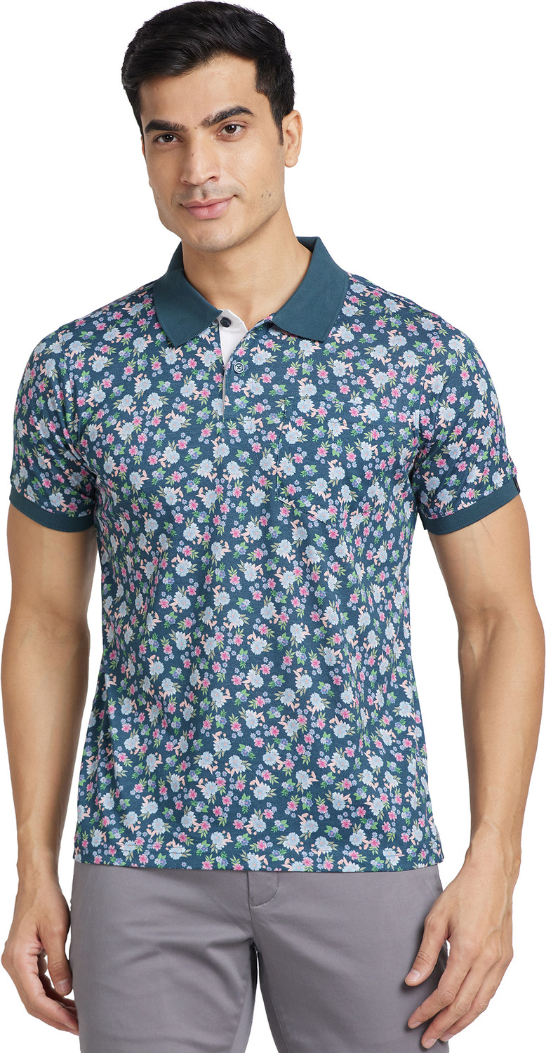 Image of Raymond Printed Men Polo Neck Blue T-Shirt
