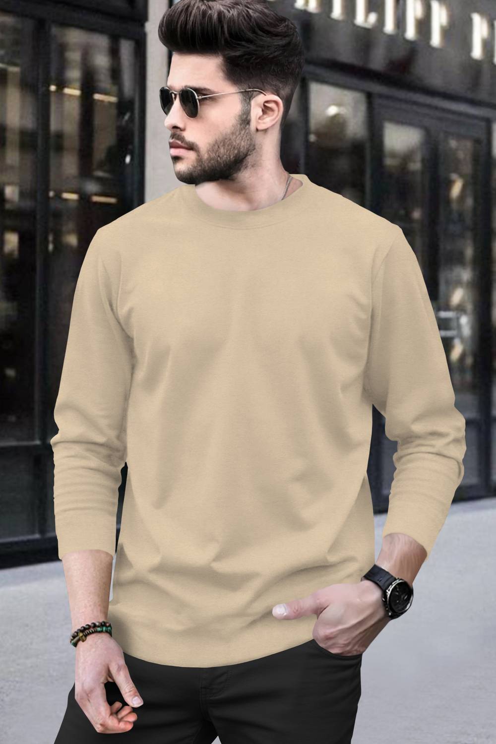 BLIVE Men Solid Round Neck Cotton Blend Beige T-Shirt