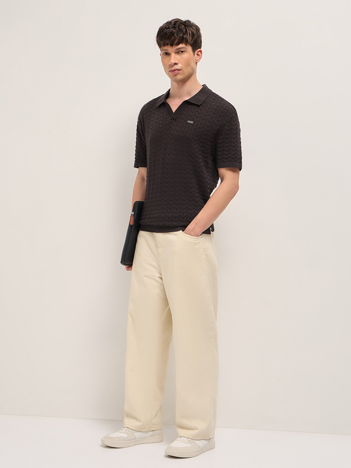 Image of THE BEAR HOUSE Self Design Men Polo Neck Brown T-Shirt