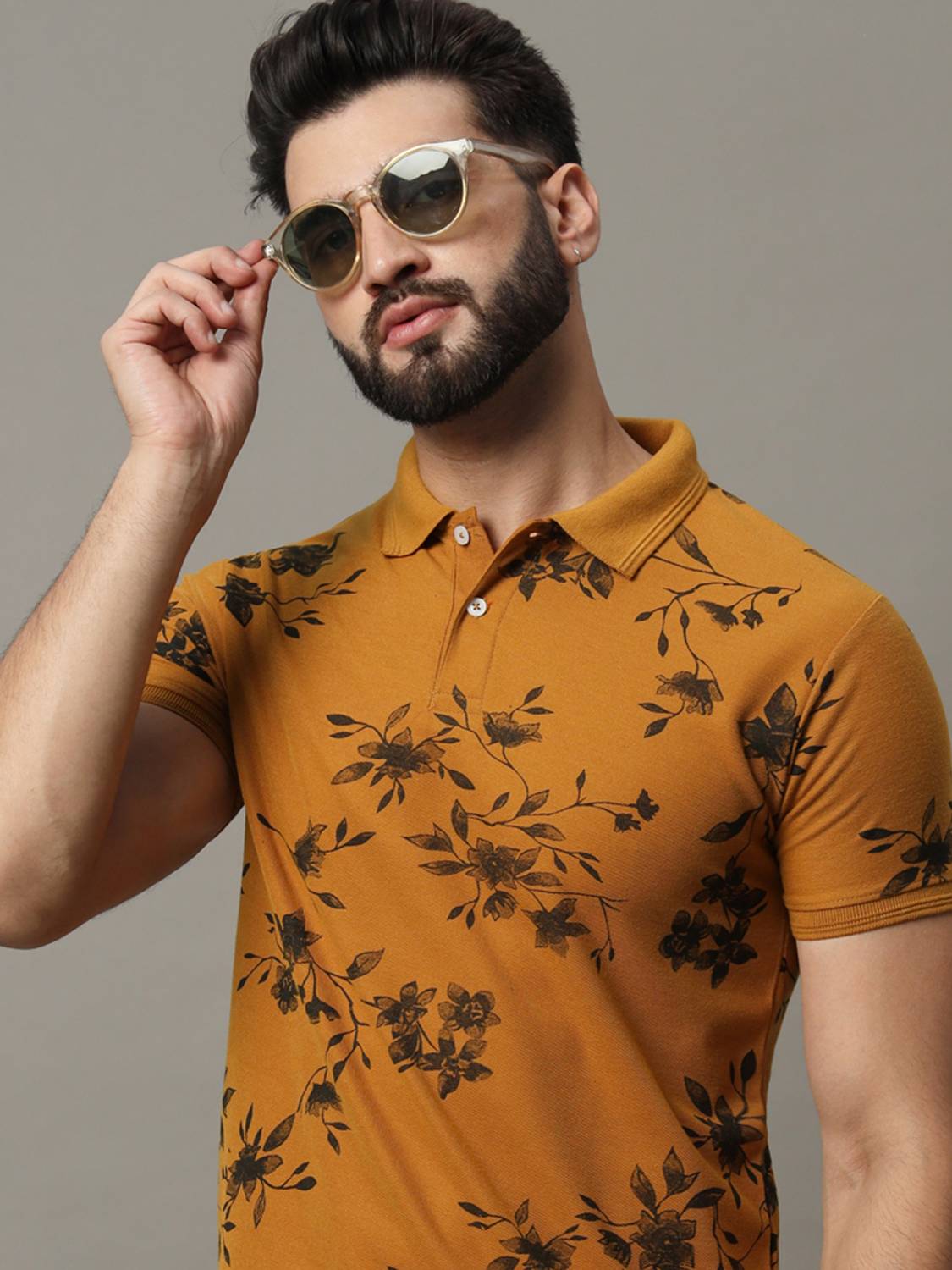 RARHANPREMIUM Men Printed Polo Neck Cotton Blend Gold T-Shirt