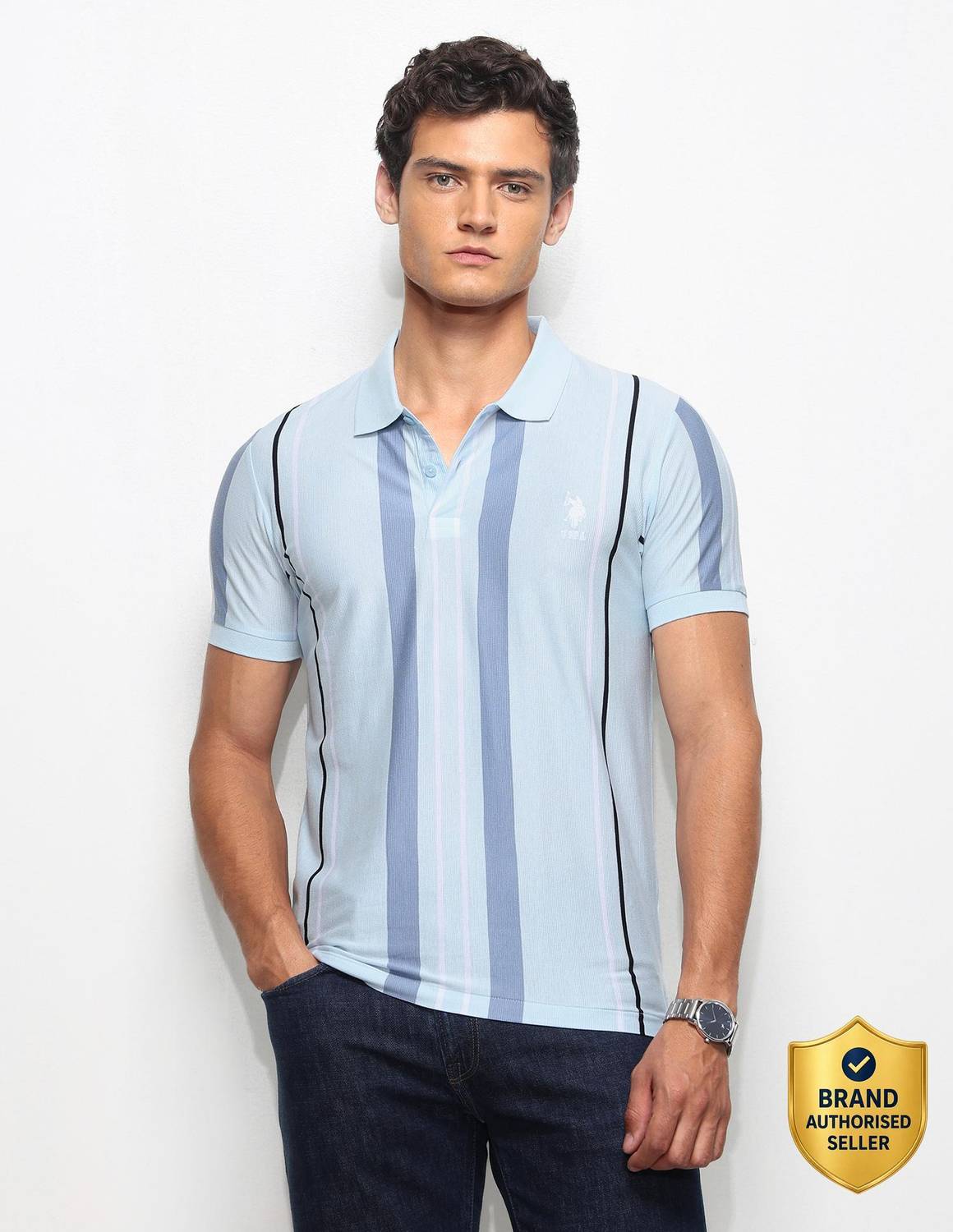 U.S. POLO ASSN. Blue Striped Polo Neck T-Shirt - Image 1