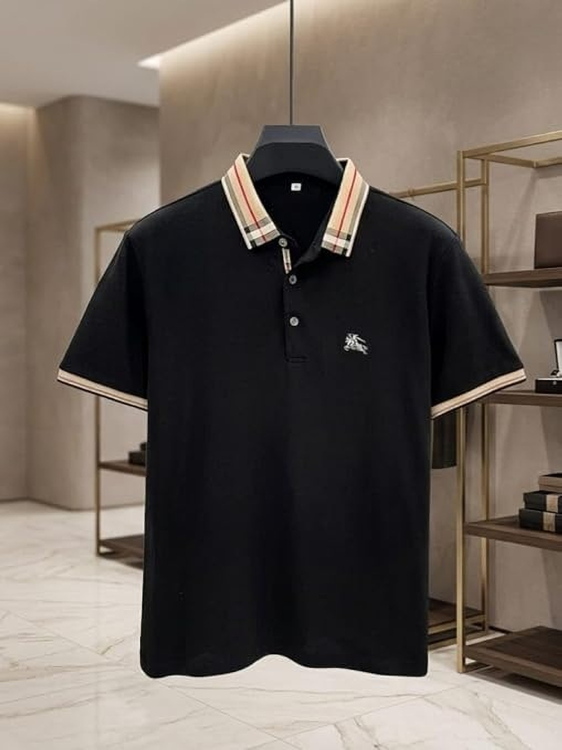 Image of Priha Enterprise Embroidered, Checkered Men Polo Neck Black T-Shirt