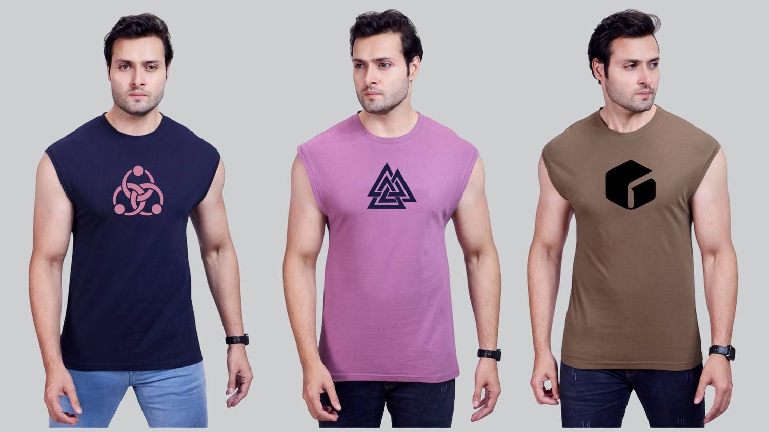 I&D Pack of 3 Men Graphic Print Round Neck Pure Cotton Multicolor