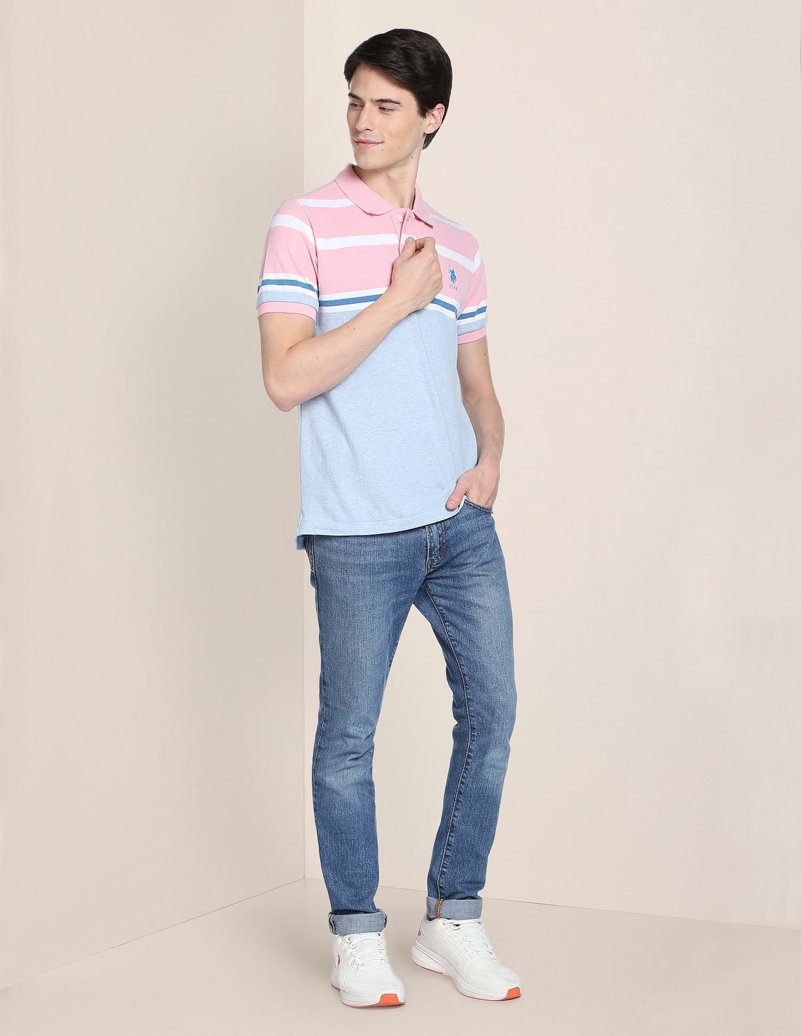 Image of U.S. POLO ASSN. Colorblock Men Polo Neck Pink T-Shirt