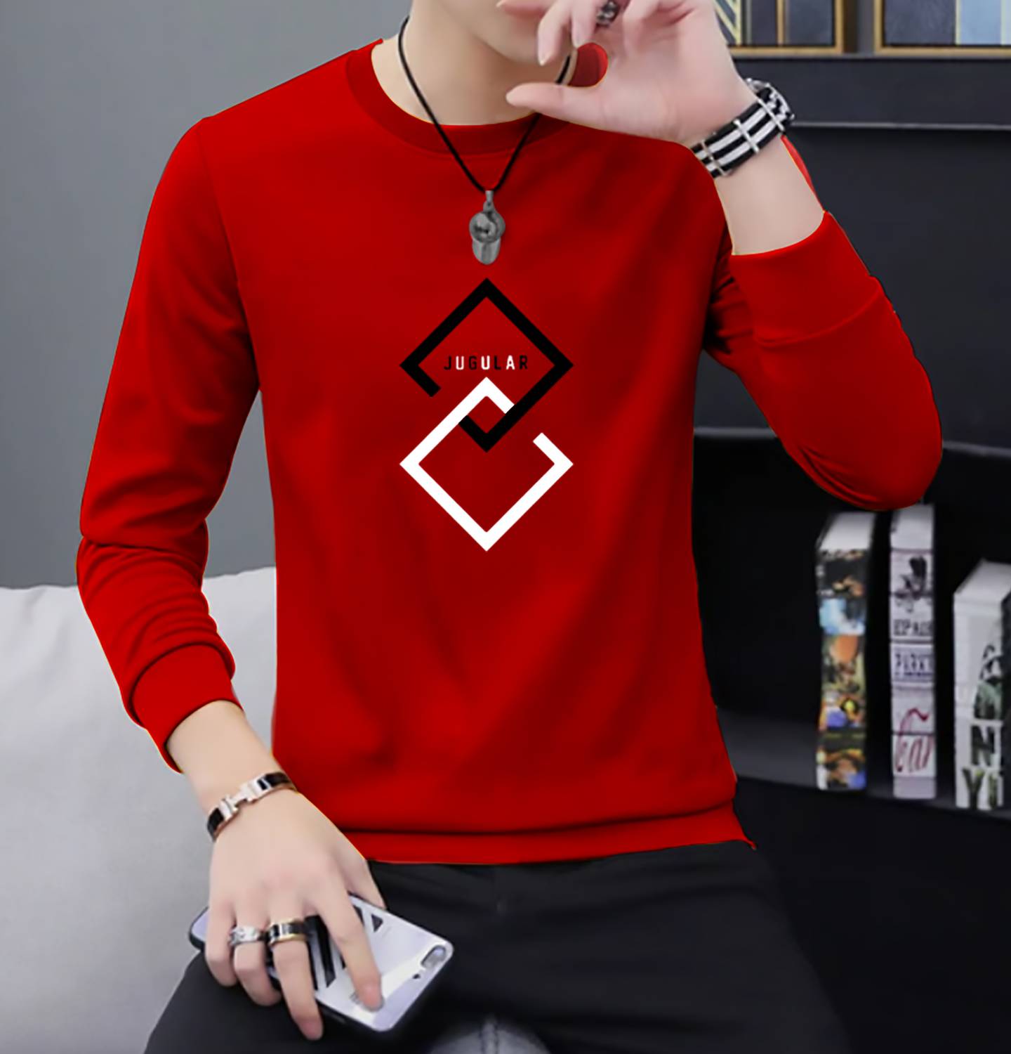 JUGULAR Men Printed Round Neck Pure Cotton Red T-Shirt