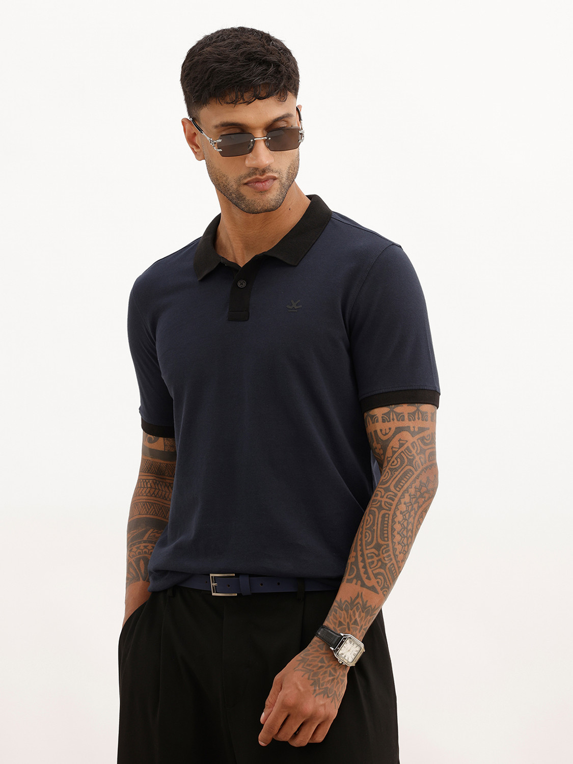 Image of WROGN Colorblock Men Polo Neck Blue T-Shirt
