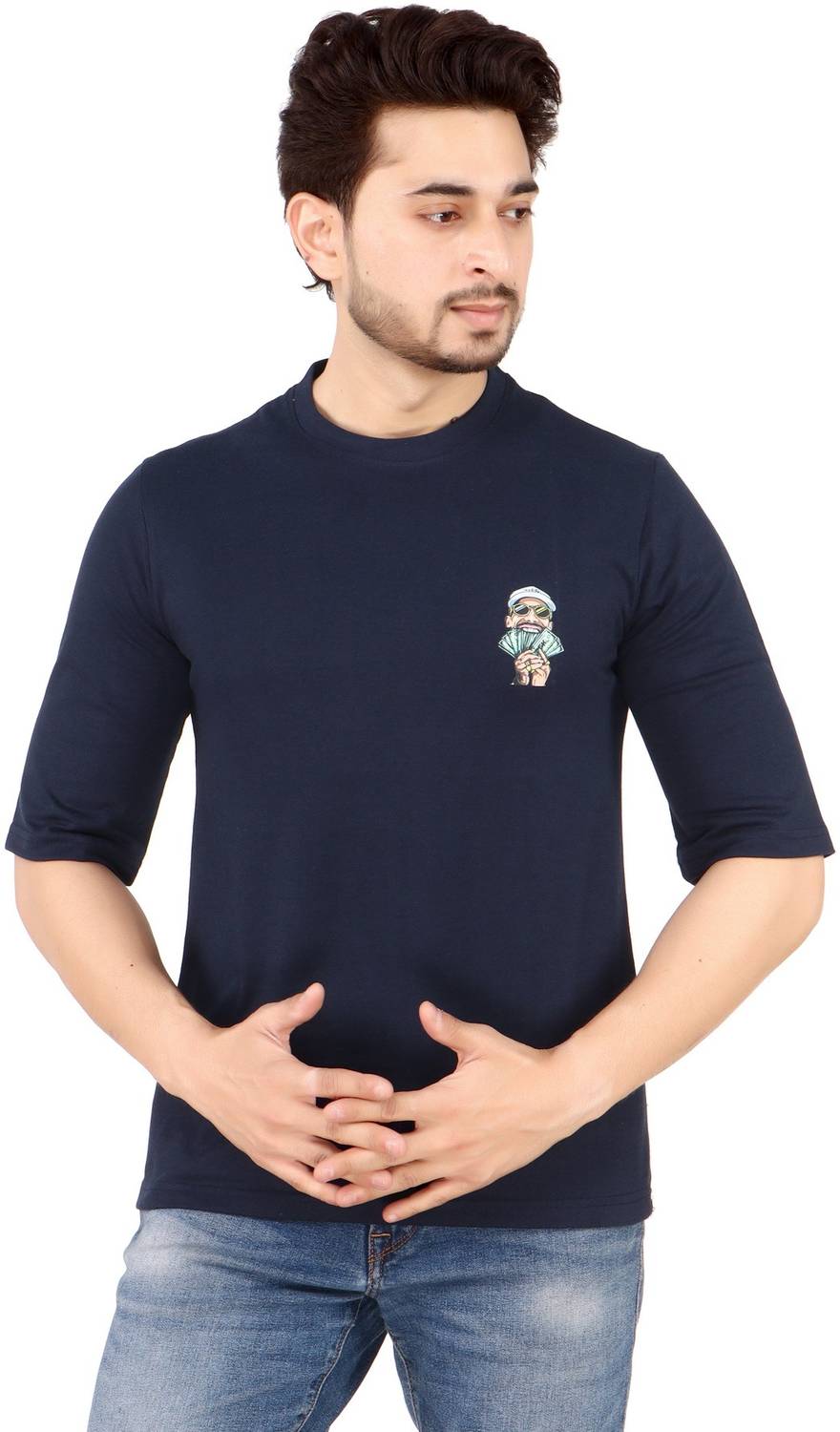 wool valley Men Printed Round Neck Pure Cotton Blue T-Shirt