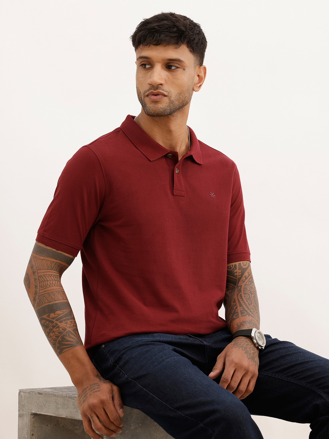 Image of WROGN Men Printed Polo Neck Pure Cotton Maroon T-Shirt