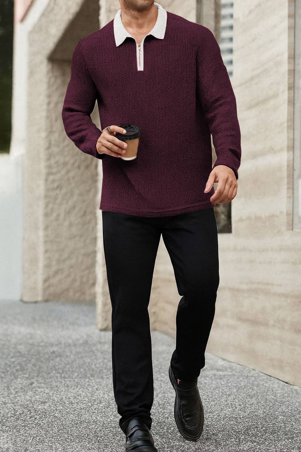 HOODLER Solid Men Zip Neck Maroon T-Shirt - Image 3