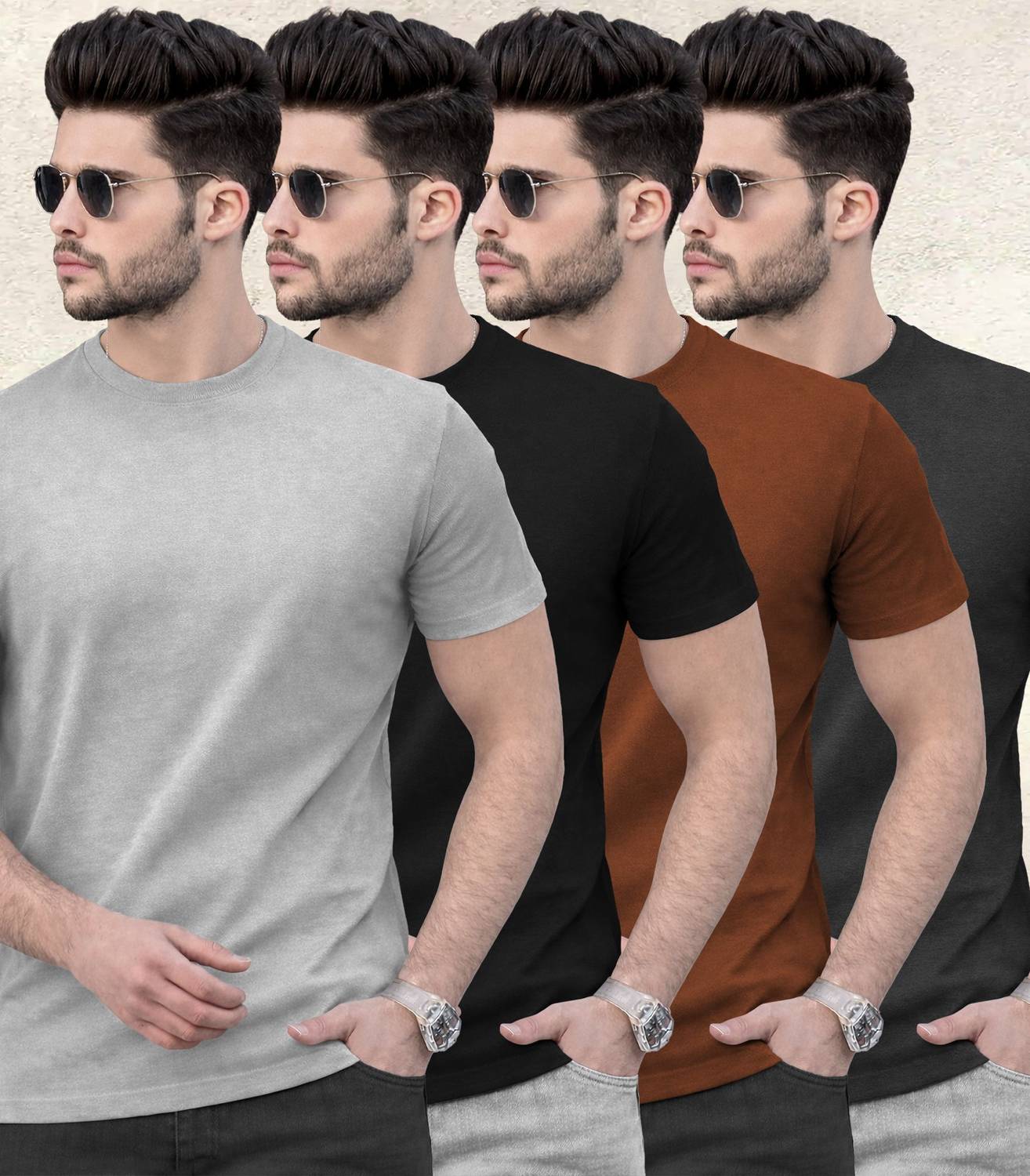 TRIPR Pack of 4 Men Solid Round Neck Cotton Blend Multicolor T-Sh