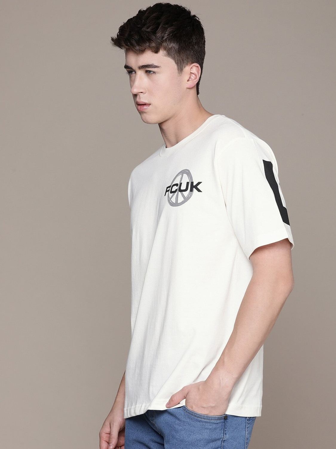 Image of FCUK Printed Men Round Neck White T-Shirt