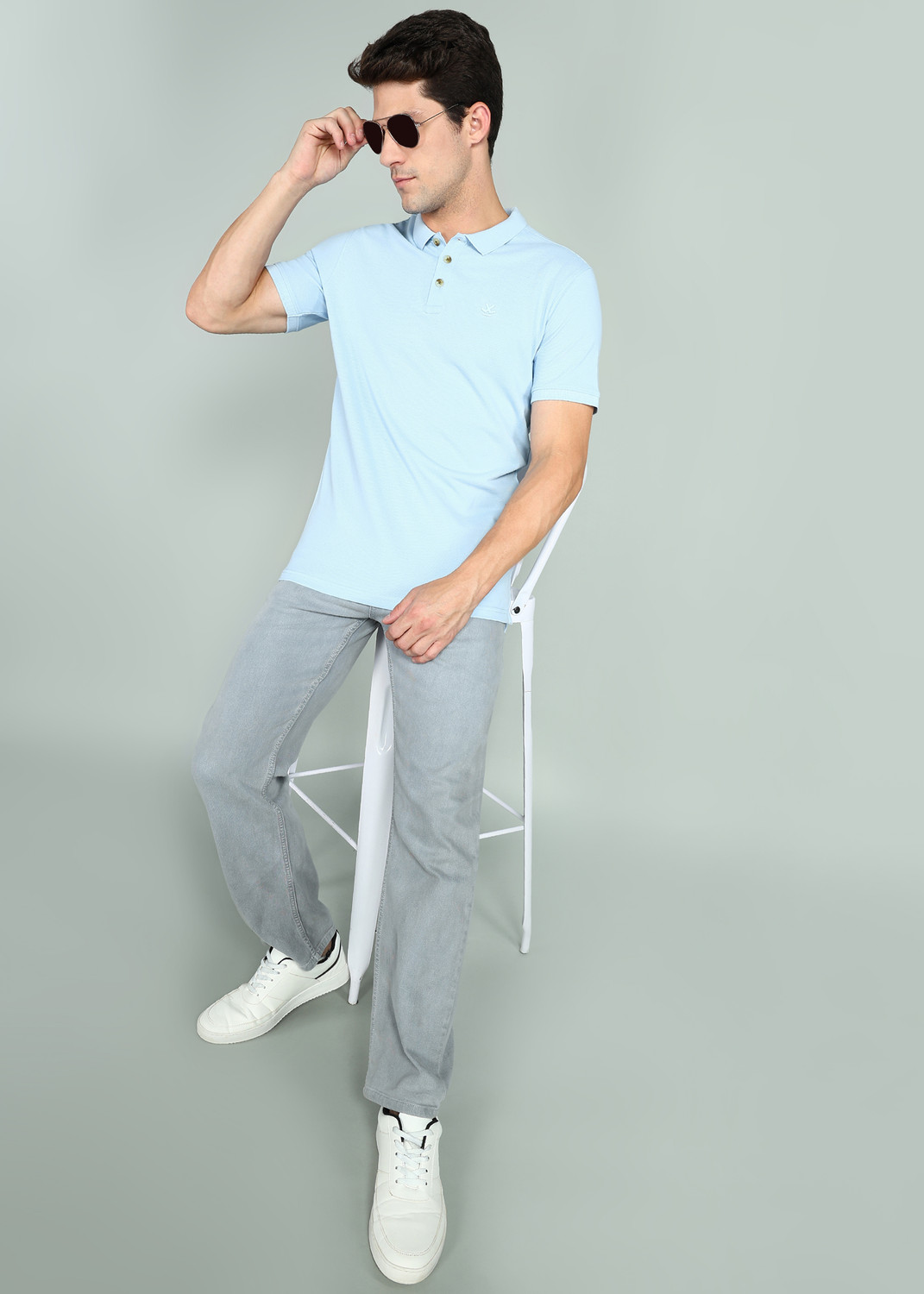 Image of WROGN Solid Men Polo Neck Light Blue T-Shirt