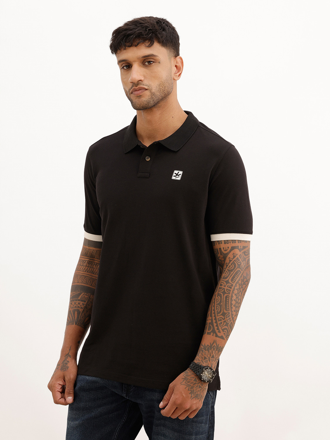 Image of WROGN Printed Men Polo Neck Black T-Shirt