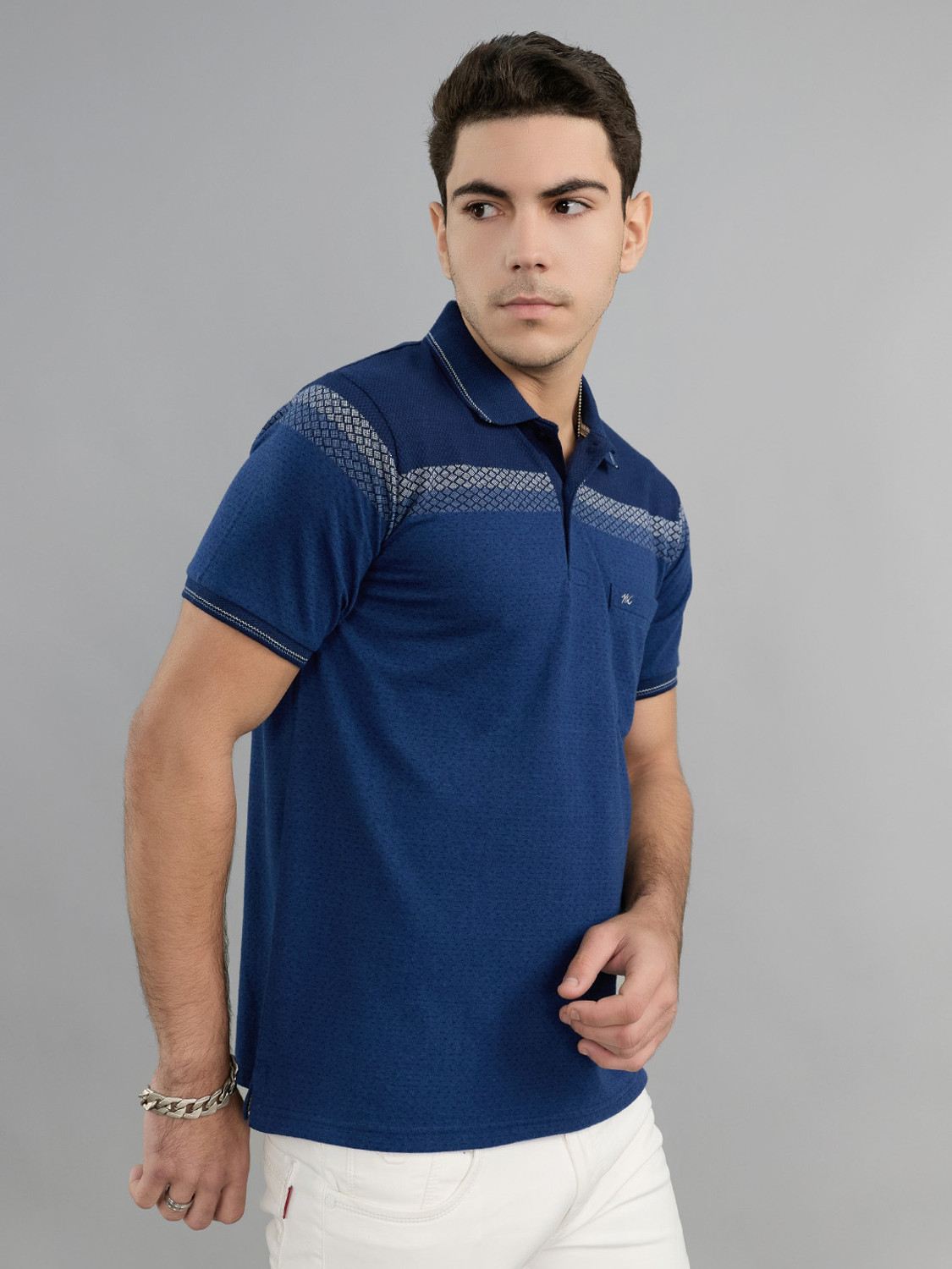 Image of MONTE CARLO Men Striped Polo Neck Cotton Blend Navy Blue T-Shirt