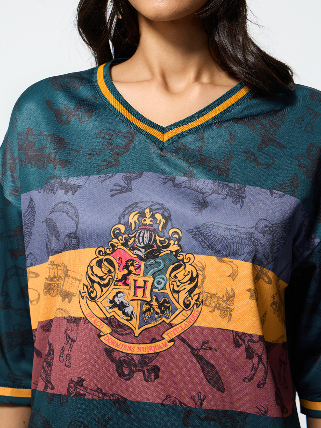 Image of The Souled Store Graphic Print Women V Neck Dark Green T-Shirt