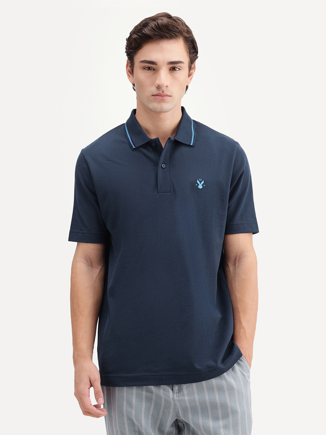 Image of RARE RABBIT Solid Men Polo Neck Navy Blue T-Shirt