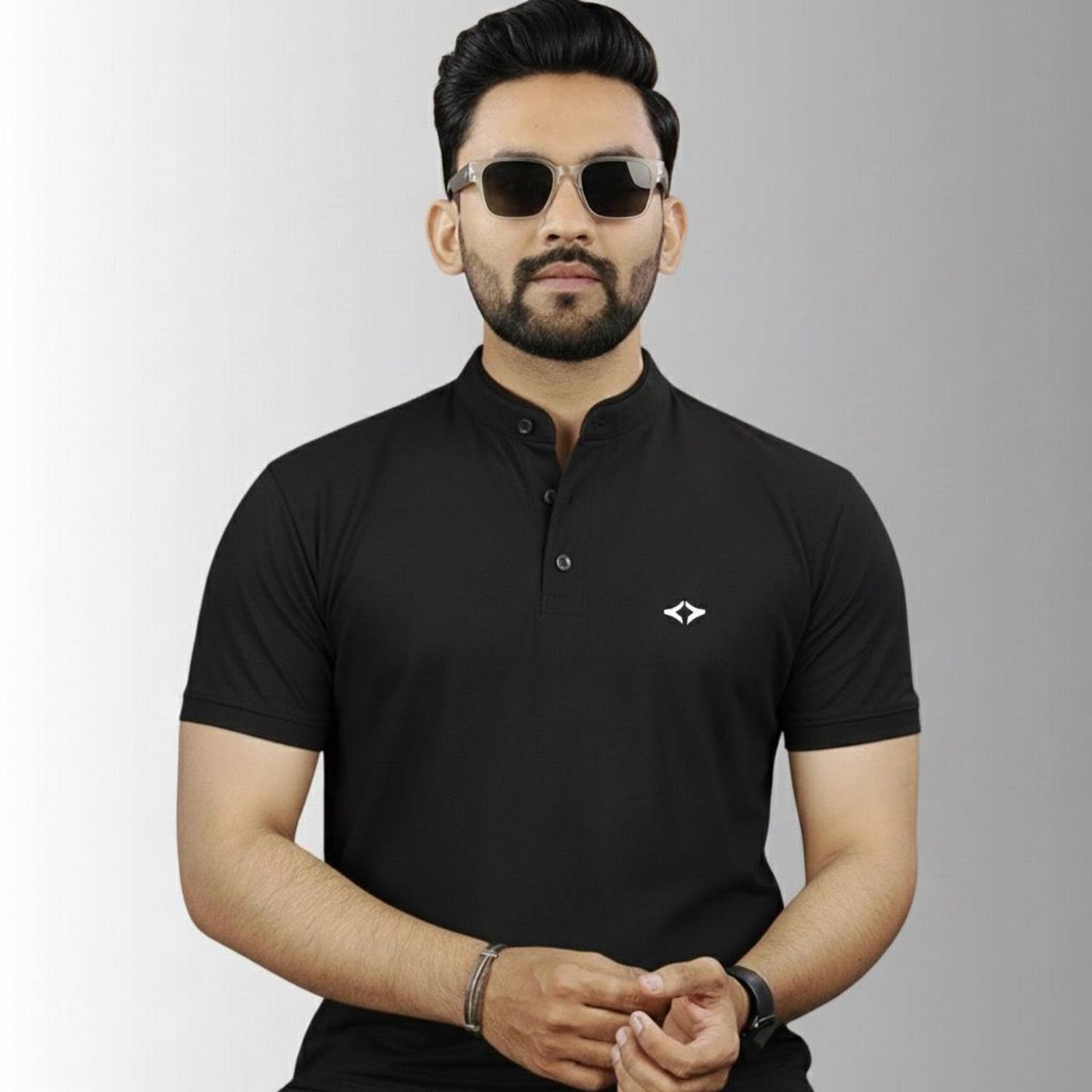 BUFFARO Men Solid Mandarin Collar Polycotton Black T-Shirt