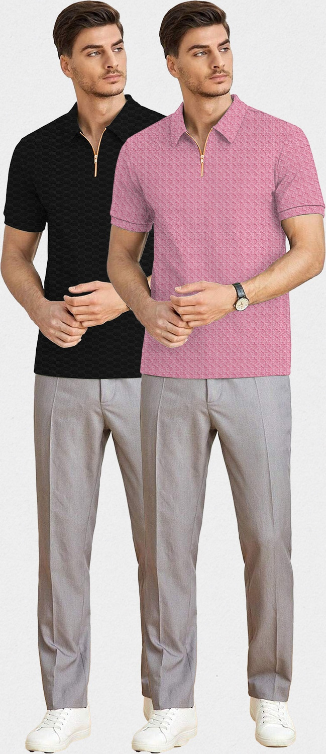 Image of KAJARU Self Design Men Zip Neck Black, Pink T-Shirt