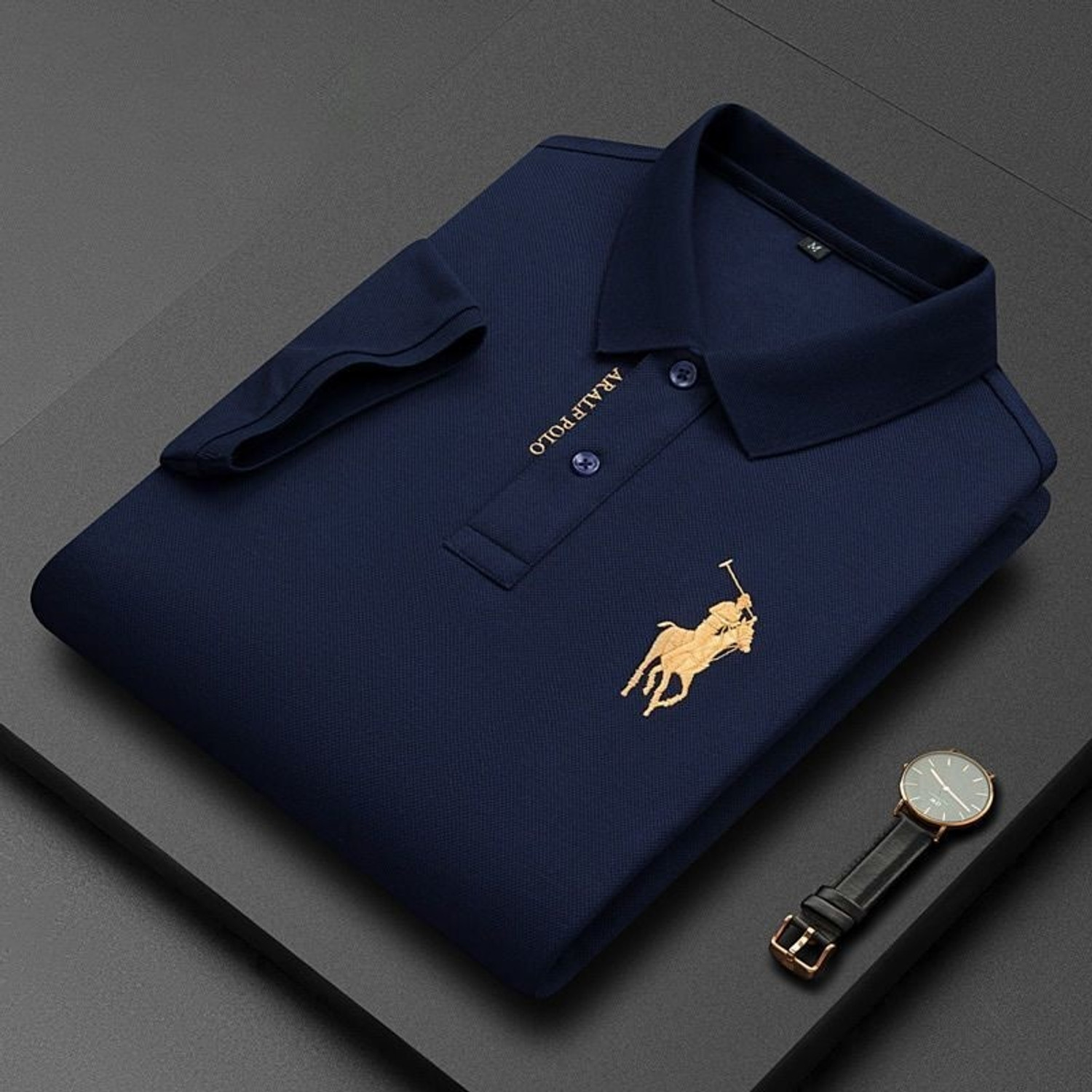 Image of hasti enterprise Embroidered Men Polo Neck Navy Blue T-Shirt
