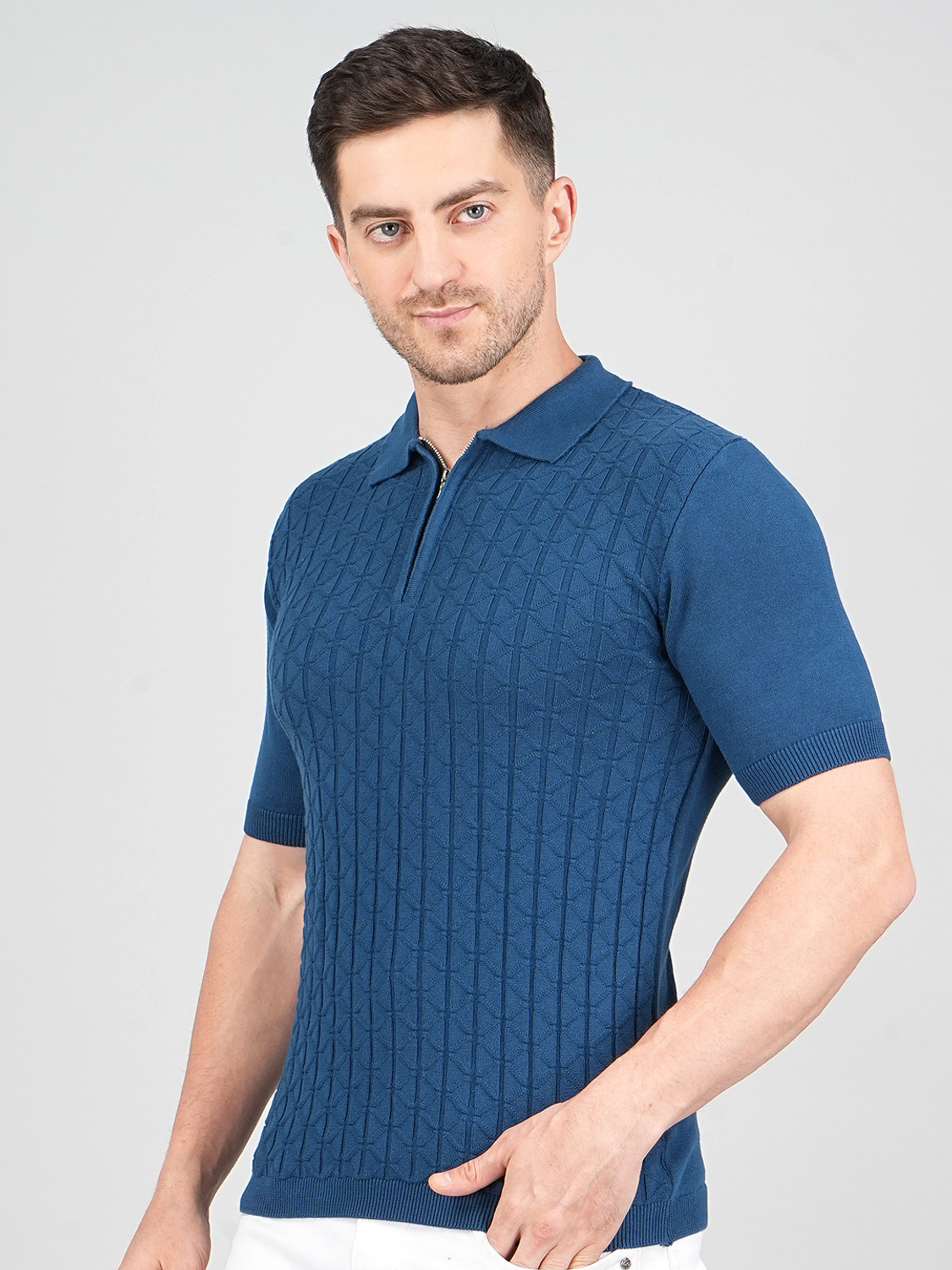 Image of FEVERFEW Self Design Men Polo Neck Blue T-Shirt