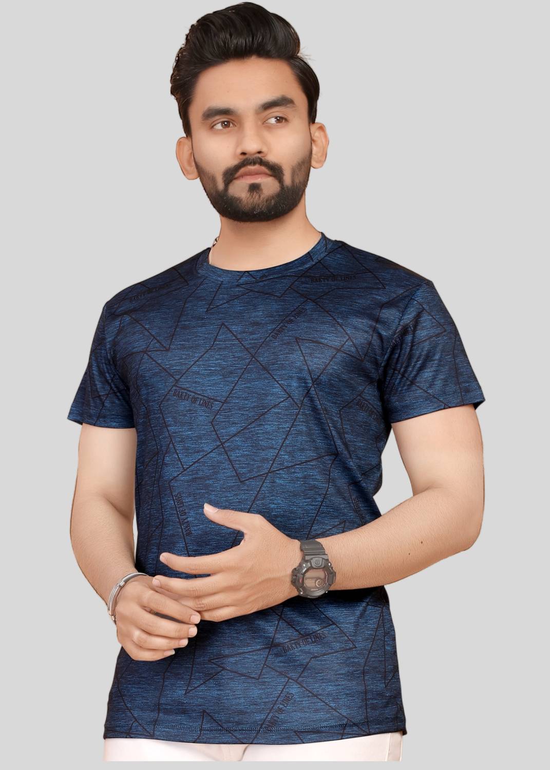 sti Men Printed Round Neck Polyester Blue T-Shirt