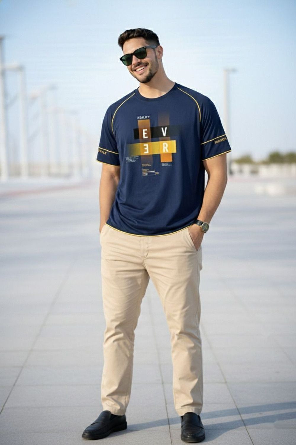 Image of Reya Printed Men Round Neck Navy Blue T-Shirt