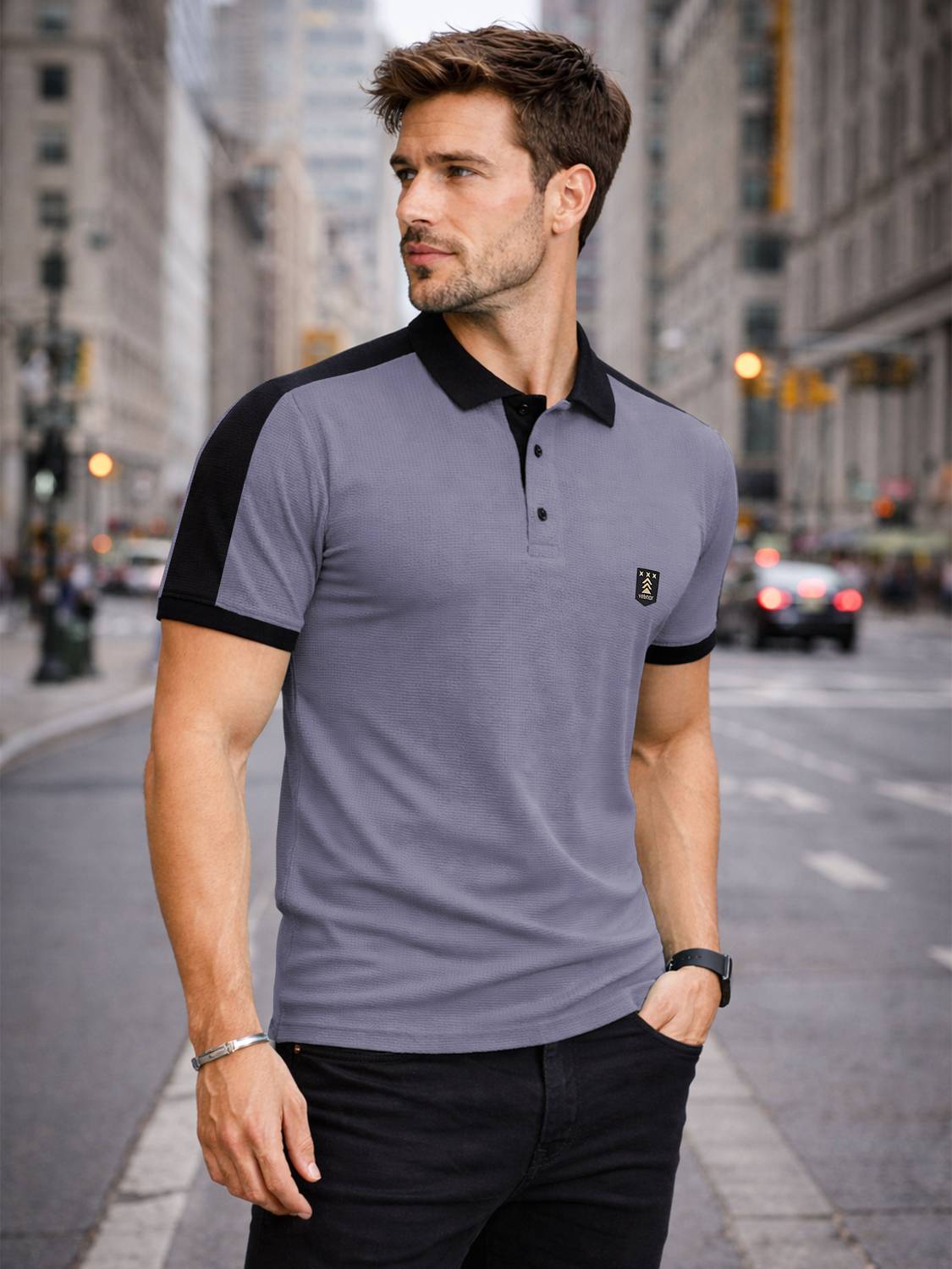 VeBNoR Men Grey Polo Neck T-Shirt - Image 4