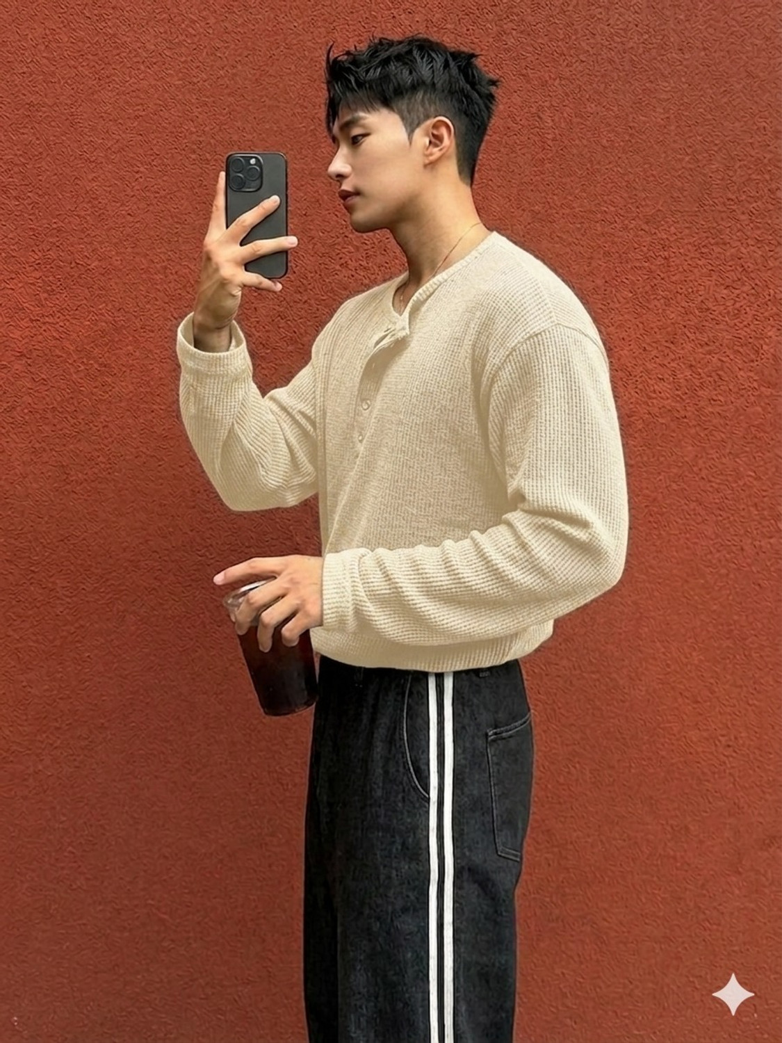 Image of Stockton Self Design Men Henley Neck Beige T-Shirt