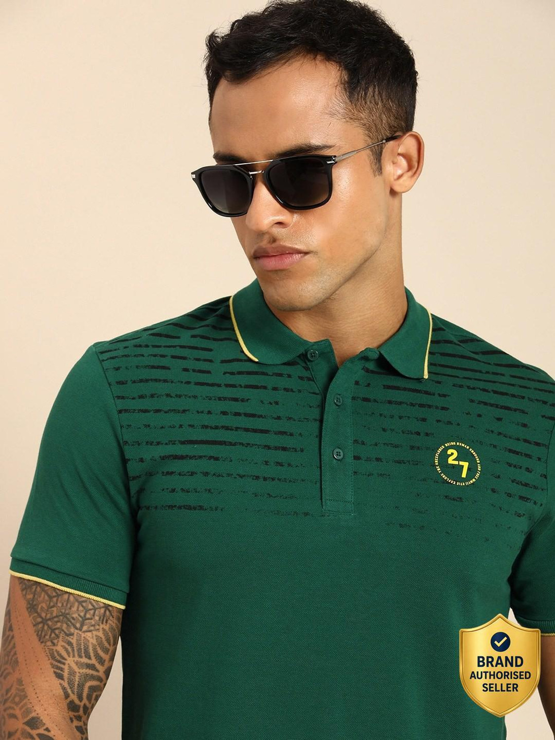 Image of BEING HUMAN Striped Men Polo Neck Green T-Shirt