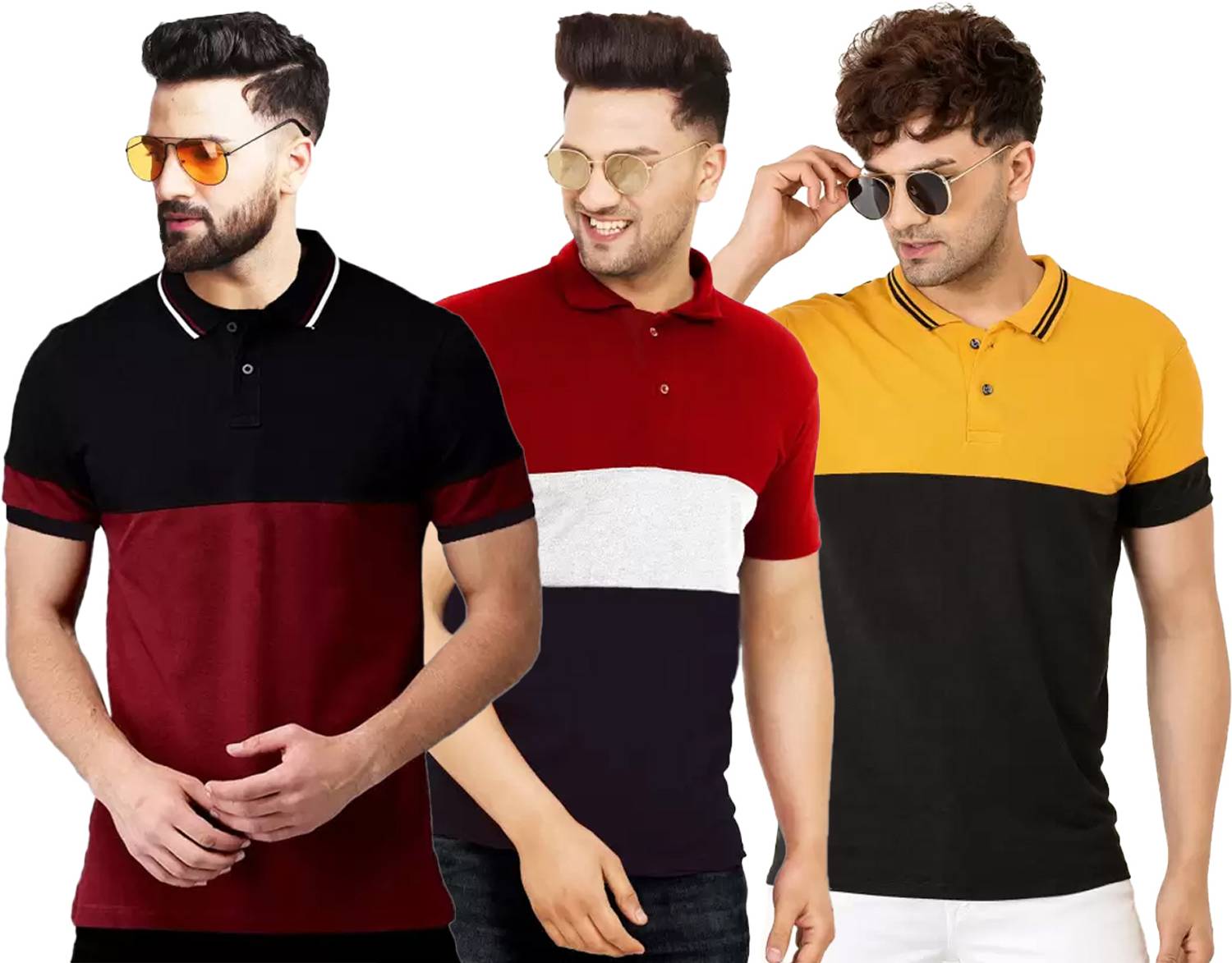 Leotude Men Colorblock Polo Neck Cotton Blend Multicolor T-Shirt