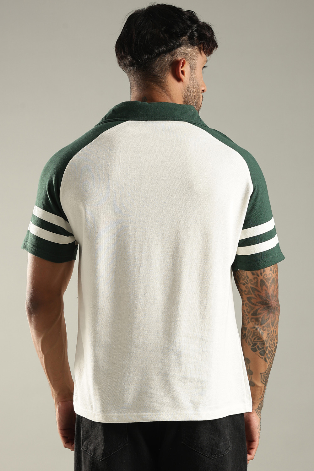 Image of SHINX Printed Men Polo Neck White, Dark Green T-Shirt