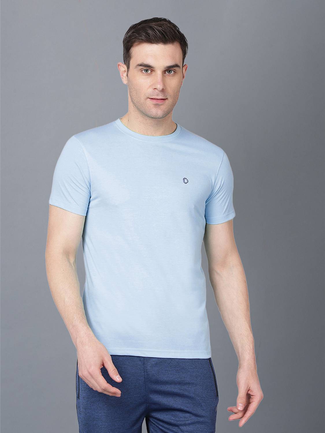 Dollar Men Solid Crew Neck Pure Cotton Light Blue T-Shirt
