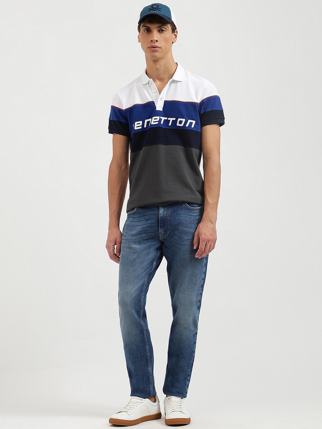 Image of United Colors of Benetton Colorblock Men Polo Neck White T-Shirt