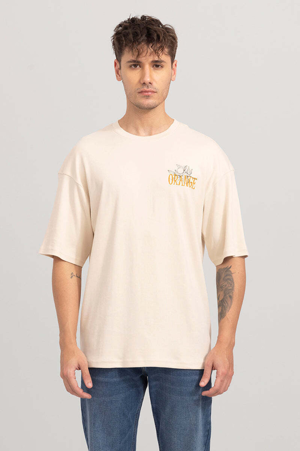 Image of HELL BOUND Typography Men Round Neck Beige, Yellow T-Shirt