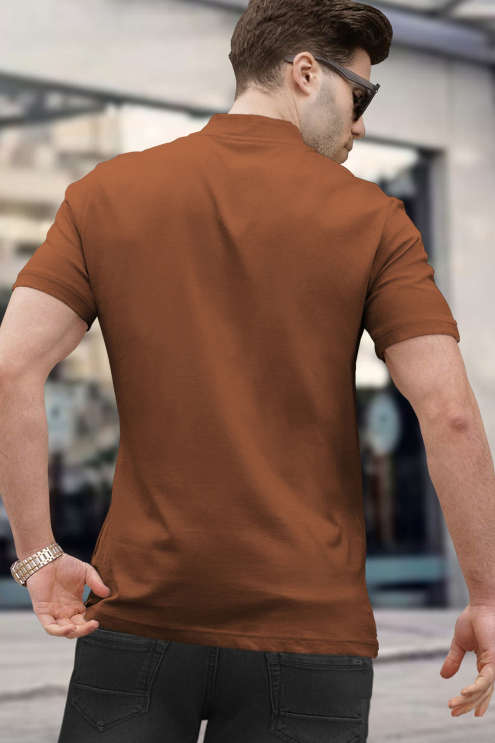Image of TRIPR Printed Men Mandarin Collar Brown T-Shirt
