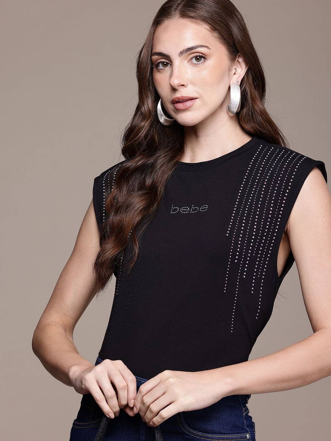 bebe Printed Women Round Neck Black T-Shirt