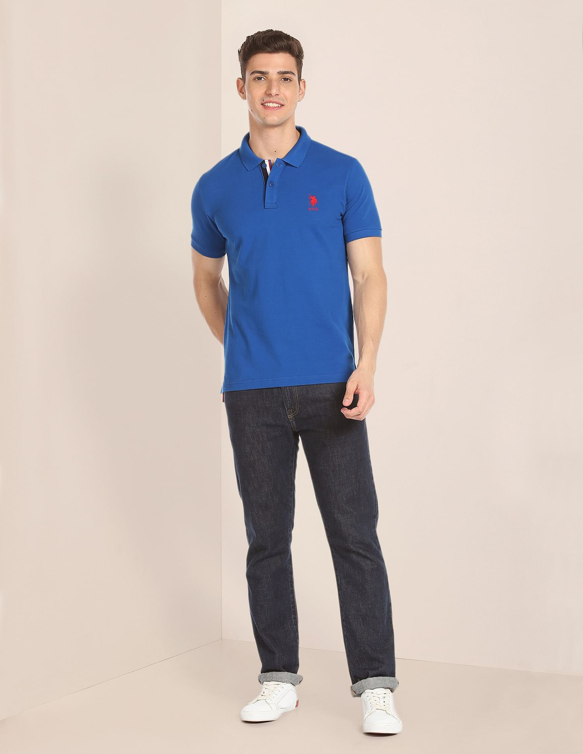 Image of U.S. POLO ASSN. Solid Men Polo Neck Blue T-Shirt