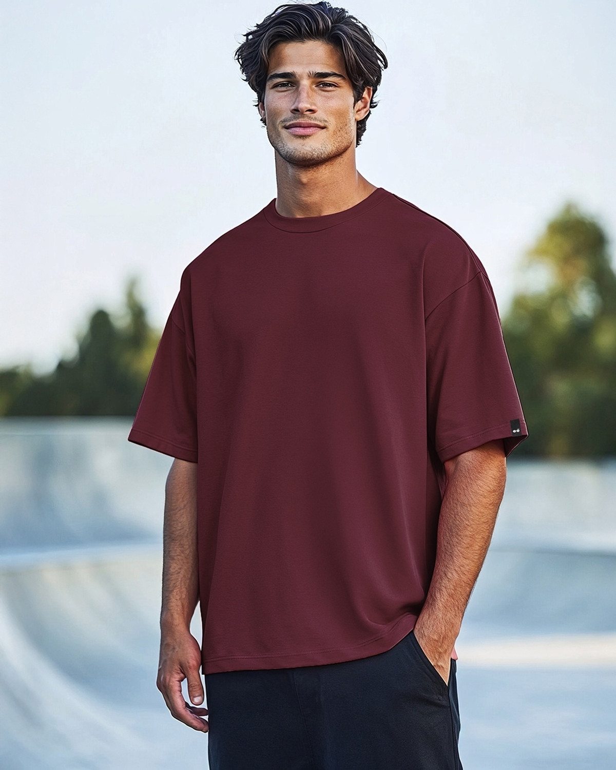 Image of BEWAKOOF Oversized Men Solid Round Neck Pure Cotton Maroon T-Shirt