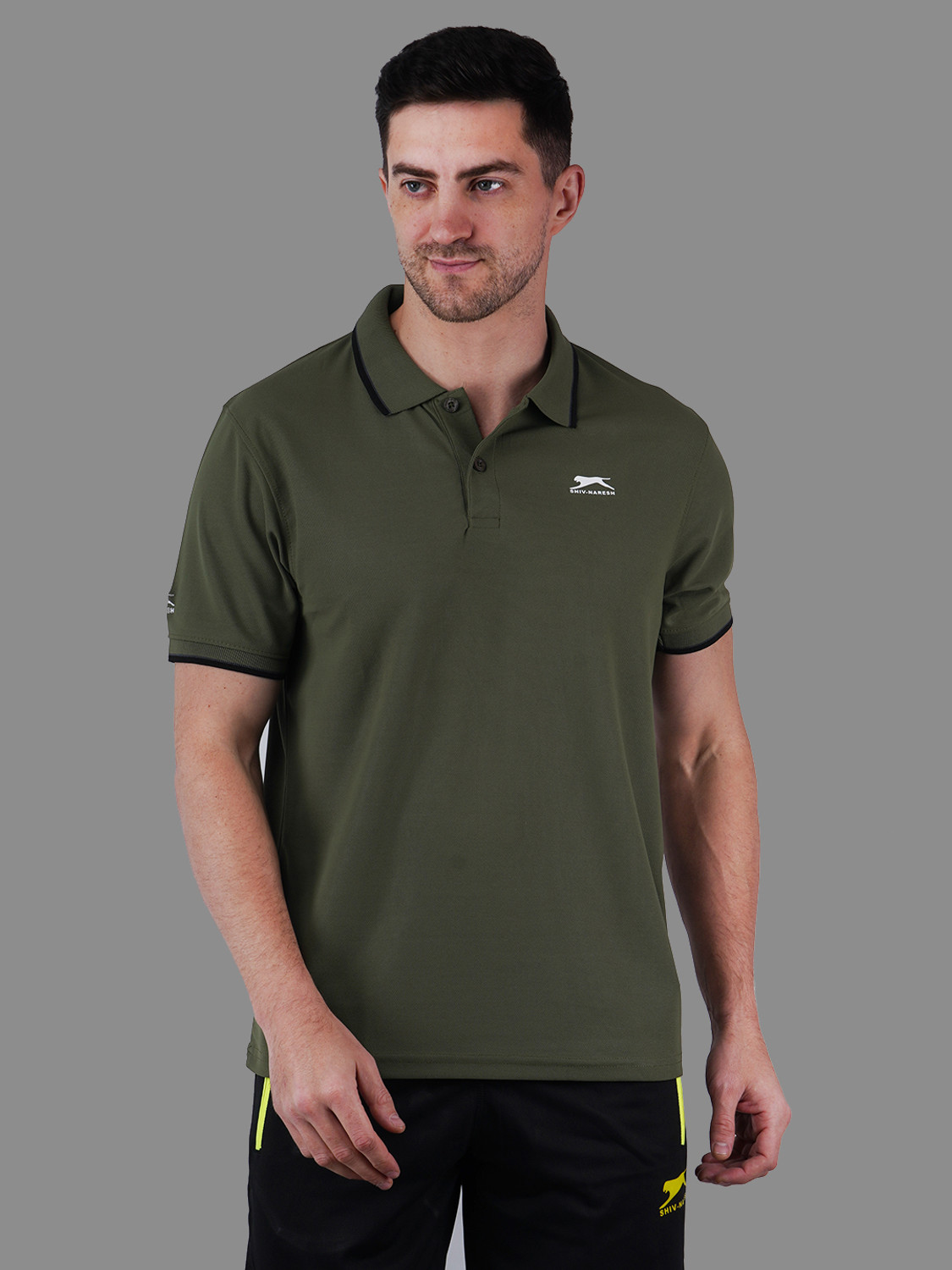 Image of Shiv Naresh Self Design Men Polo Neck Dark Green T-Shirt