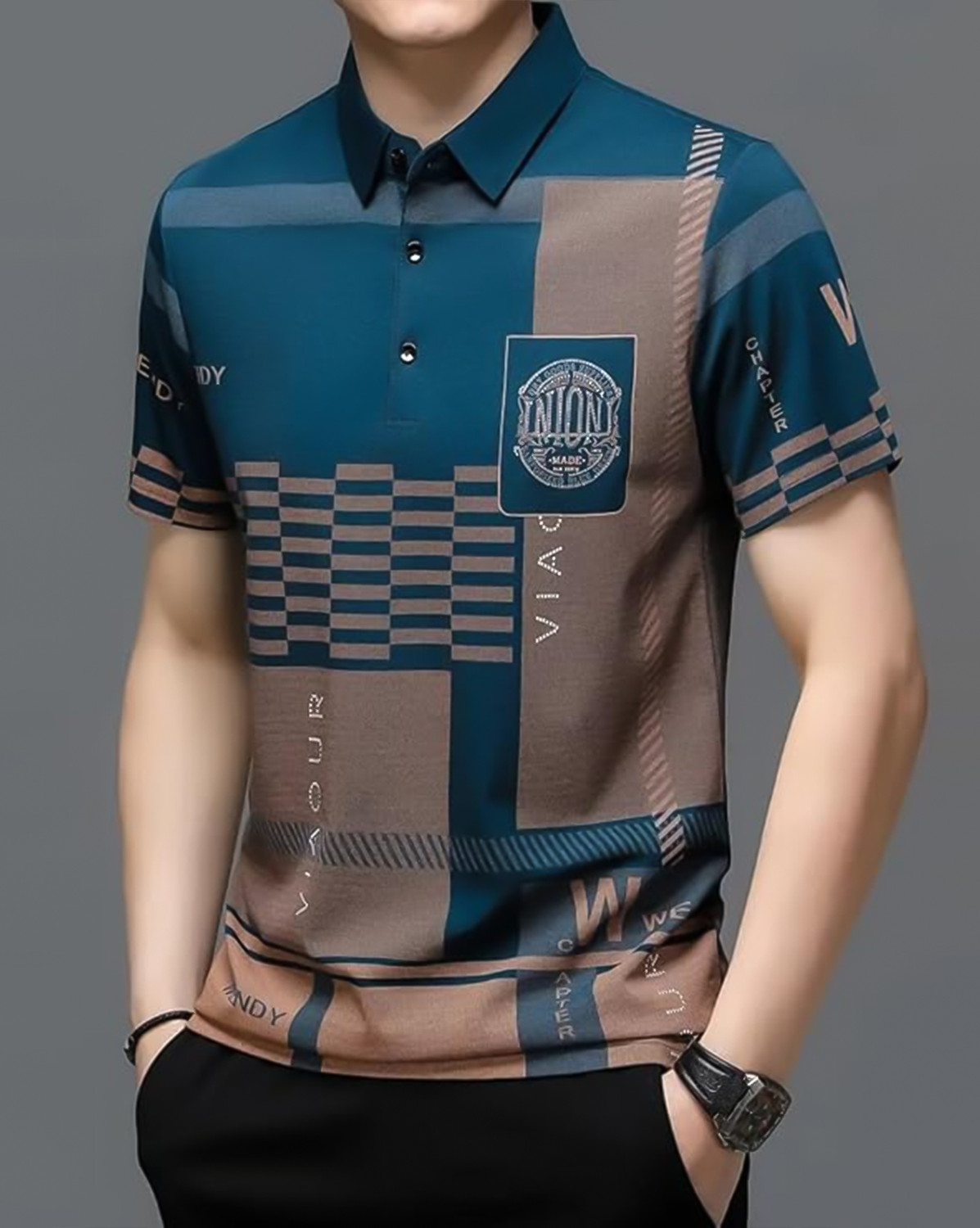 Image of ENITOR Graphic Print Men Polo Neck Light Blue T-Shirt