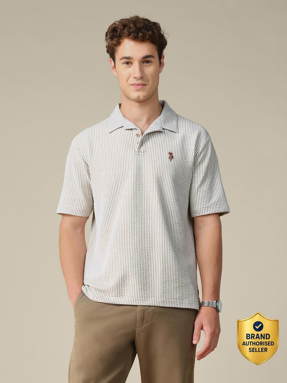 Image of U.S. Polo Assn. Denim Co. Men Self Design Polo Neck Cotton Blend Brown T-Shirt