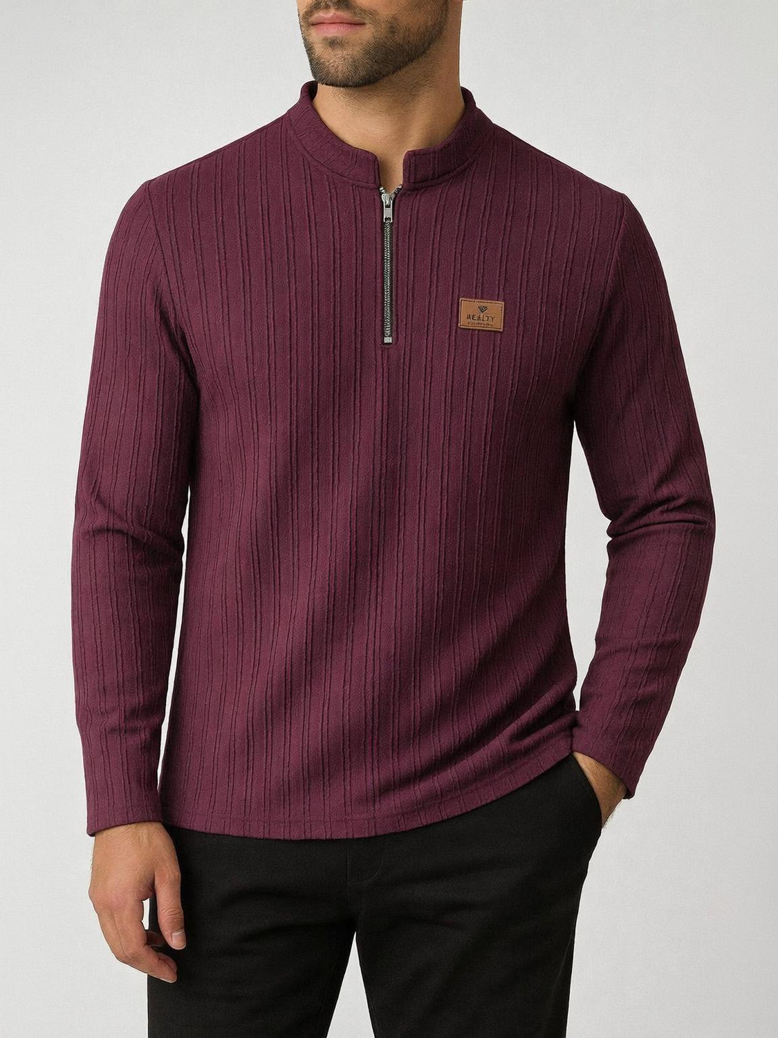 Image of PRAIZY Solid Men Zip Neck Purple T-Shirt