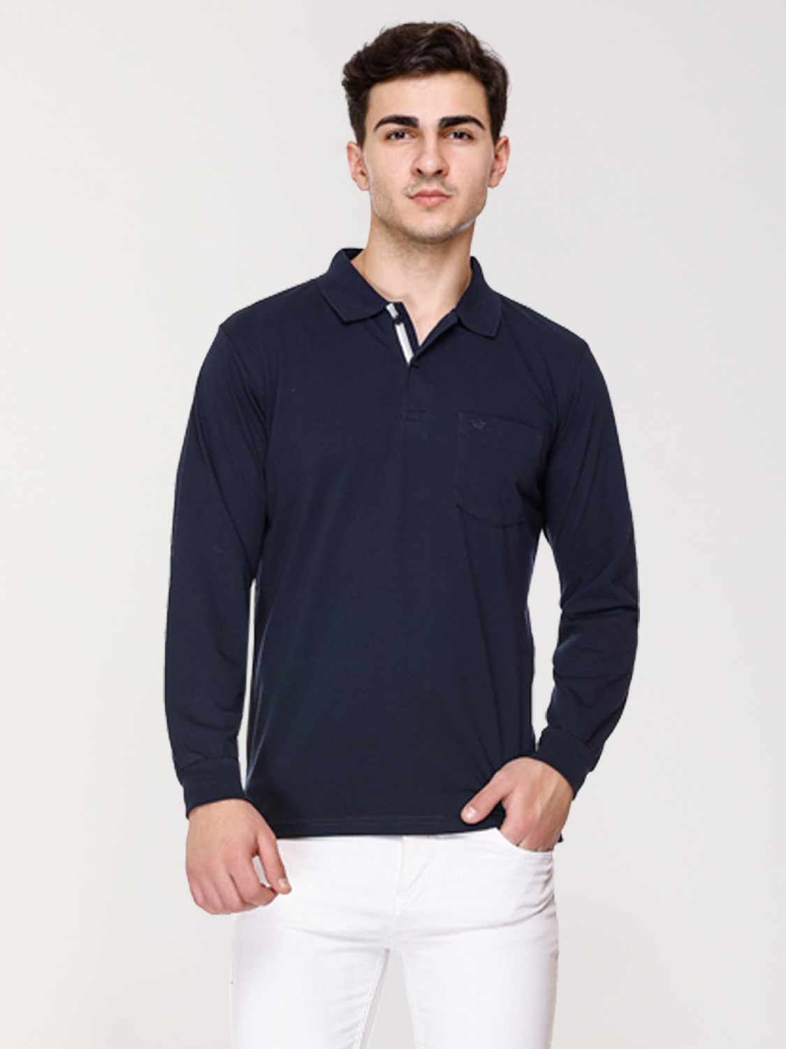 Image of ARRAY Solid Men Polo Neck Navy Blue T-Shirt