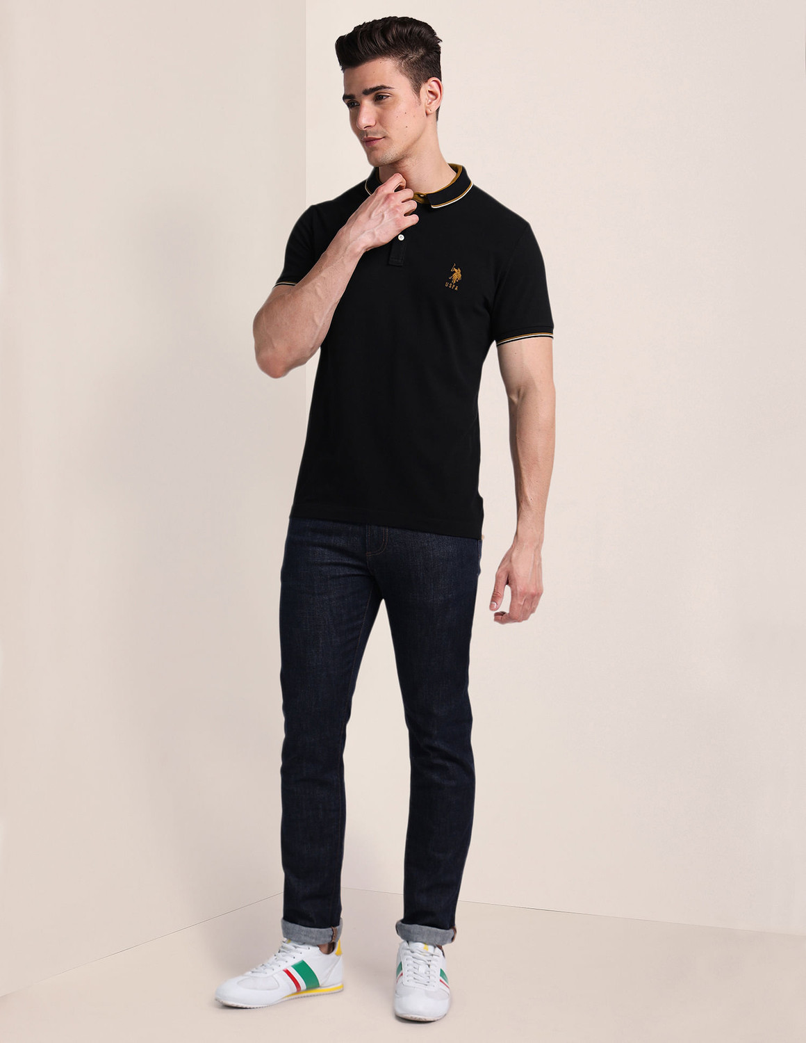 Image of U.S. POLO ASSN. Solid Men Polo Neck Black T-Shirt