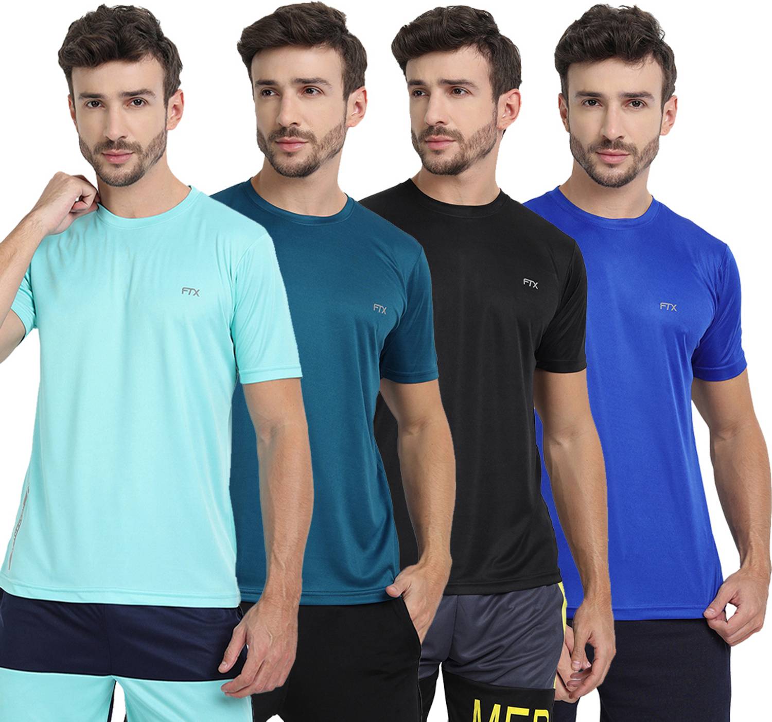 FTX Pack of 4 Men Solid Round Neck Polyester Light Blue, Blue, Bl