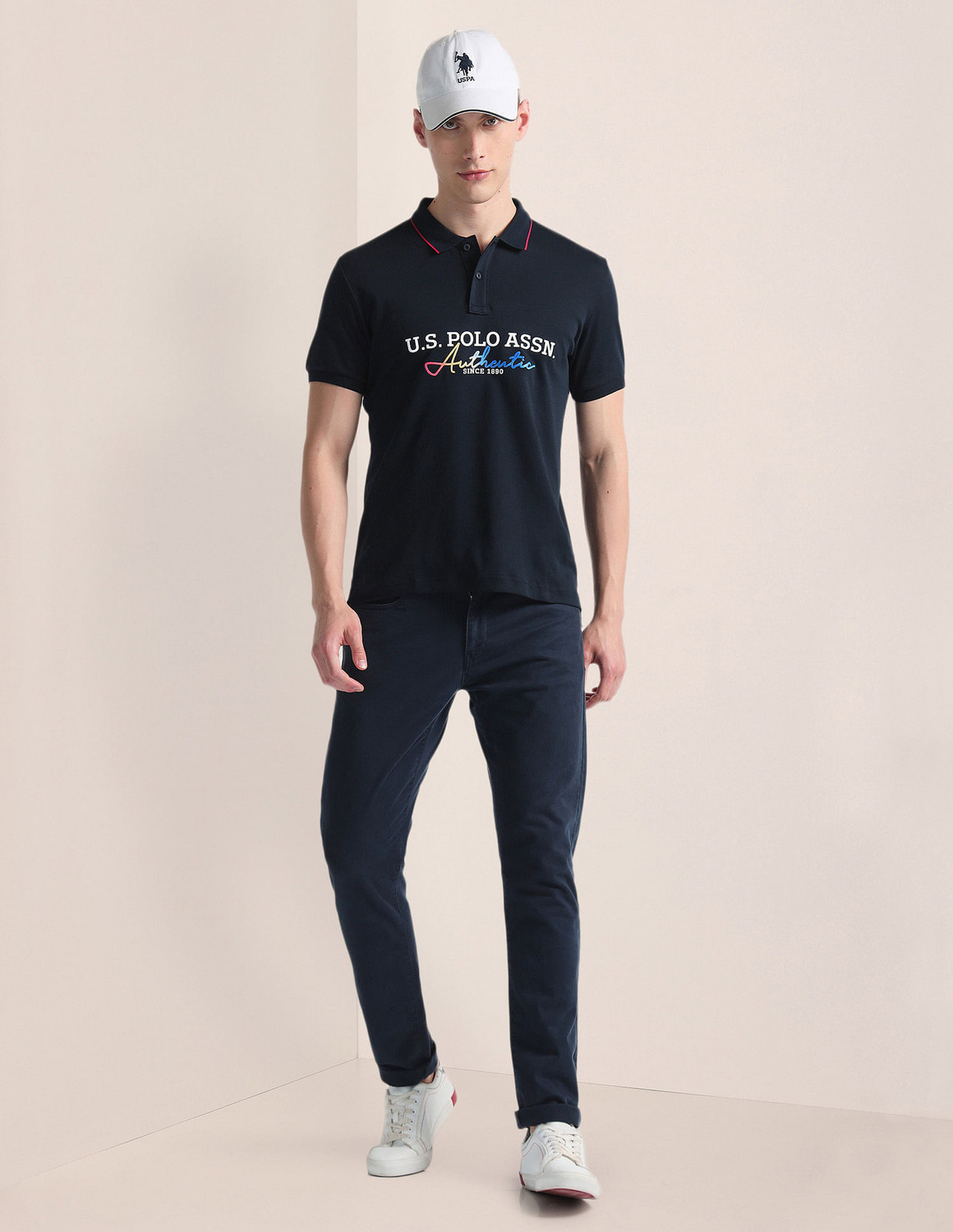 Image of U.S. POLO ASSN. Typography Men Polo Neck Blue T-Shirt
