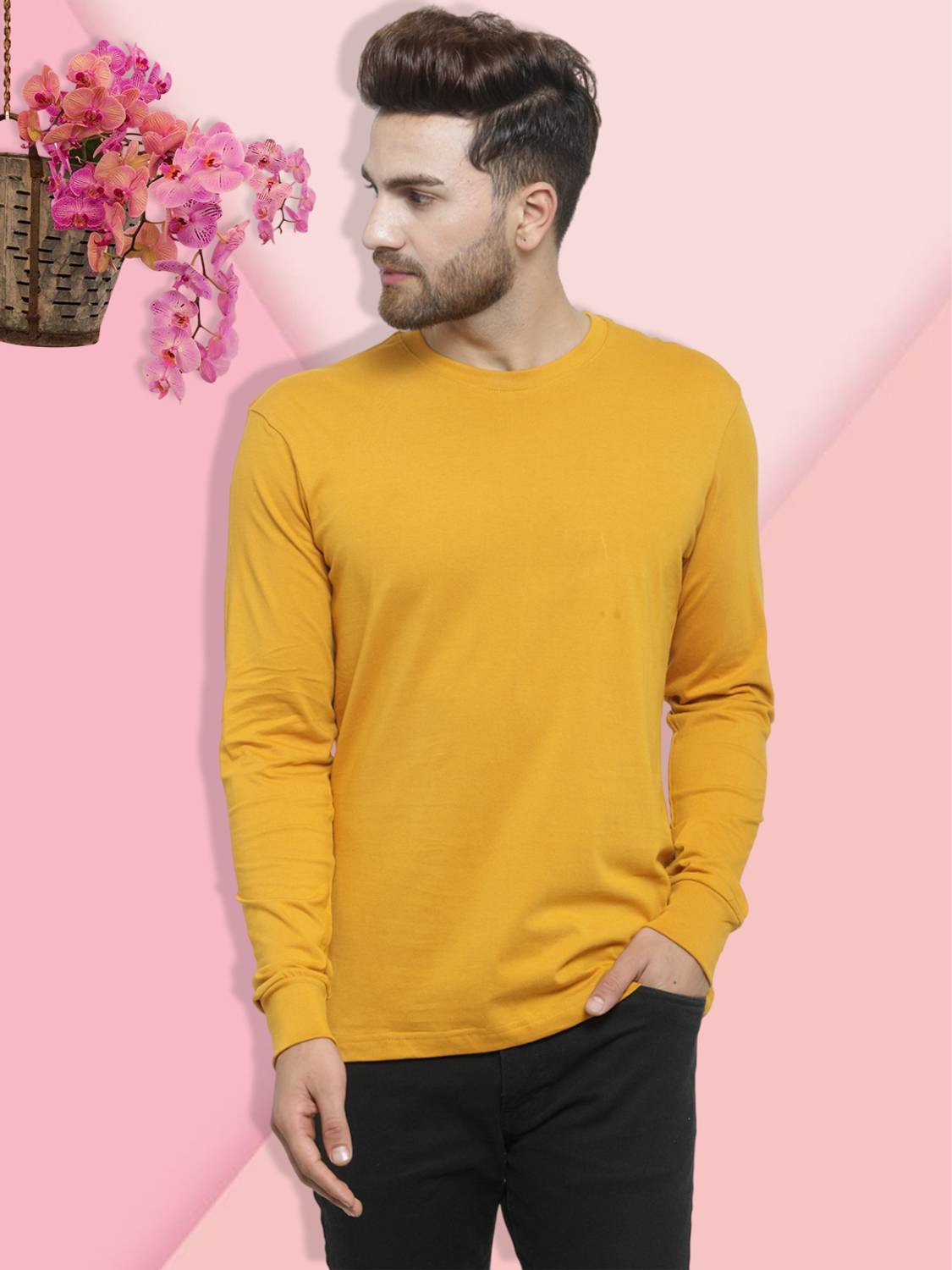 FRISKERS Men Solid Round Neck Cotton Blend Yellow T-Shirt