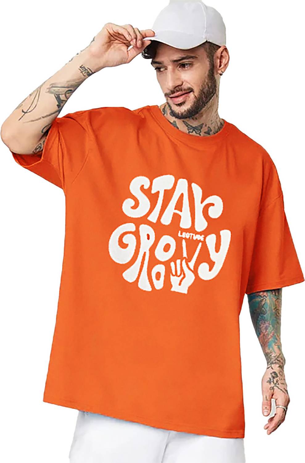 Leotude Men Printed, Typography Round Neck Cotton Blend Orange T-